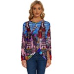 Beauty Stained Glass Castle Building Long Sleeve Crew Neck Pullover Top