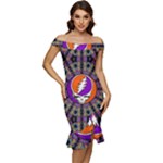 Gratefuldead Grateful Dead Pattern Off Shoulder Ruffle Split Hem Bodycon Dress
