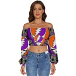 Gratefuldead Grateful Dead Pattern Long Sleeve Crinkled Weave Crop Top