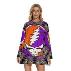 Round Neck Long Sleeve Bohemian Style Chiffon Mini Dress 