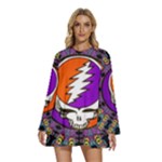 Gratefuldead Grateful Dead Pattern Round Neck Long Sleeve Bohemian Style Chiffon Mini Dress