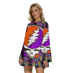 Round Neck Long Sleeve Bohemian Style Chiffon Mini Dress 