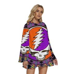 Round Neck Long Sleeve Bohemian Style Chiffon Mini Dress 