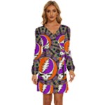 Gratefuldead Grateful Dead Pattern Long Sleeve Waist Tie Ruffle Velvet Dress
