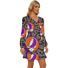 Long Sleeve Waist Tie Ruffle Velvet Dress 