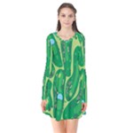 Golf Course Par Golf Course Green Long Sleeve V-neck Flare Dress