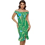 Golf Course Par Golf Course Green Off Shoulder Ruffle Split Hem Bodycon Dress
