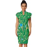 Golf Course Par Golf Course Green Vintage Frill Sleeve V-Neck Bodycon Dress