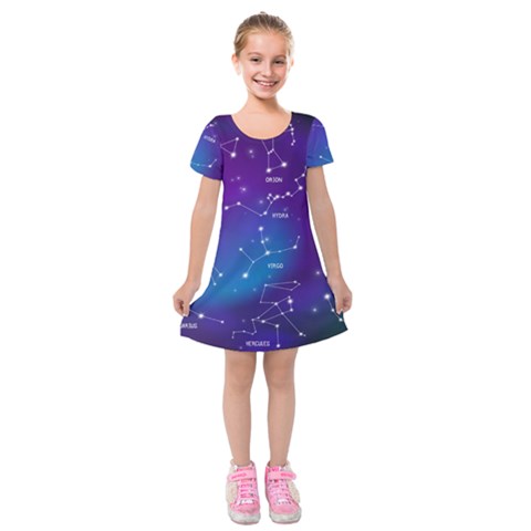 Realistic Night Sky With Constellations Kids  Short Sleeve Velvet Dress from ArtsNow.com