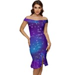 Realistic Night Sky With Constellations Off Shoulder Ruffle Split Hem Bodycon Dress