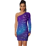 Realistic Night Sky With Constellations Long Sleeve One Shoulder Mini Dress