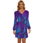 Realistic Night Sky With Constellations Long Sleeve Waist Tie Ruffle Velvet Dress