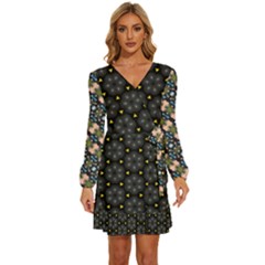 Long Sleeve Waist Tie Ruffle Velvet Dress 