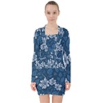 Pattern Flower Nature V-neck Bodycon Long Sleeve Dress