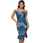 Pattern Flower Nature Off Shoulder Ruffle Split Hem Bodycon Dress