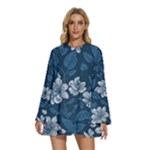 Pattern Flower Nature Round Neck Long Sleeve Bohemian Style Chiffon Mini Dress