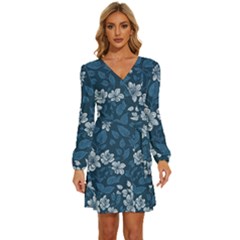 Long Sleeve Waist Tie Ruffle Velvet Dress 