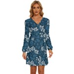 Pattern Flower Nature Long Sleeve Waist Tie Ruffle Velvet Dress