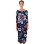 Flower Pattern Quarter Sleeve Midi Bodycon Dress