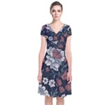 Flower Pattern Short Sleeve Front Wrap Dress