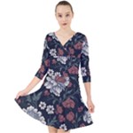 Flower Pattern Quarter Sleeve Front Wrap Dress