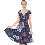 Flower Pattern Cap Sleeve Front Wrap Midi Dress