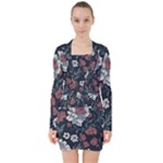 Flower Pattern V-neck Bodycon Long Sleeve Dress