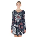 Flower Pattern Long Sleeve Velvet V-neck Dress