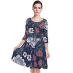 Flower Pattern Quarter Sleeve Waist Band Dress