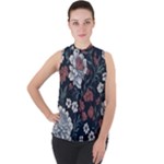 Flower Pattern Mock Neck Chiffon Sleeveless Top
