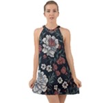 Flower Pattern Halter Tie Back Chiffon Dress