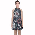 Flower Pattern Velvet Halter Neckline Dress 