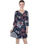 Flower Pattern Quarter Sleeve Ruffle Waist Dress