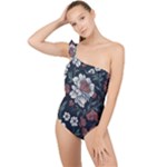 Flower Pattern Frilly One Shoulder Swimsuit