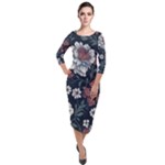 Flower Pattern Quarter Sleeve Midi Velour Bodycon Dress