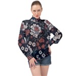 Flower Pattern High Neck Long Sleeve Chiffon Top