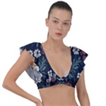 Flower Pattern Plunge Frill Sleeve Bikini Top