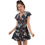 Flower Pattern Flutter Sleeve Wrap Dress