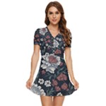 Flower Pattern V-Neck High Waist Chiffon Mini Dress
