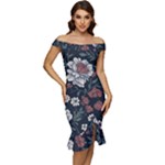 Flower Pattern Off Shoulder Ruffle Split Hem Bodycon Dress