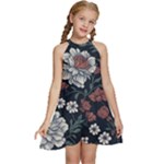 Flower Pattern Kids  Halter Collar Waist Tie Chiffon Dress
