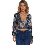 Flower Pattern Long Sleeve Deep-V Velour Top