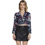 Flower Pattern Long Sleeve Tie Back Satin Wrap Top