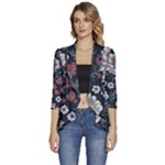 Flower Pattern Women s 3/4 Sleeve Ruffle Edge Open Front Jacket