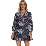 Flower Pattern V-Neck Placket Mini Dress