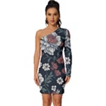 Flower Pattern Long Sleeve One Shoulder Mini Dress