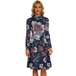 Flower Pattern Long Sleeve Shirt Collar A-Line Dress