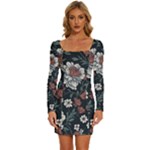 Flower Pattern Long Sleeve Square Neck Bodycon Velvet Dress