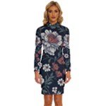 Flower Pattern Long Sleeve Shirt Collar Bodycon Dress