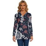 Flower Pattern Long Sleeve Drawstring Hooded Top
